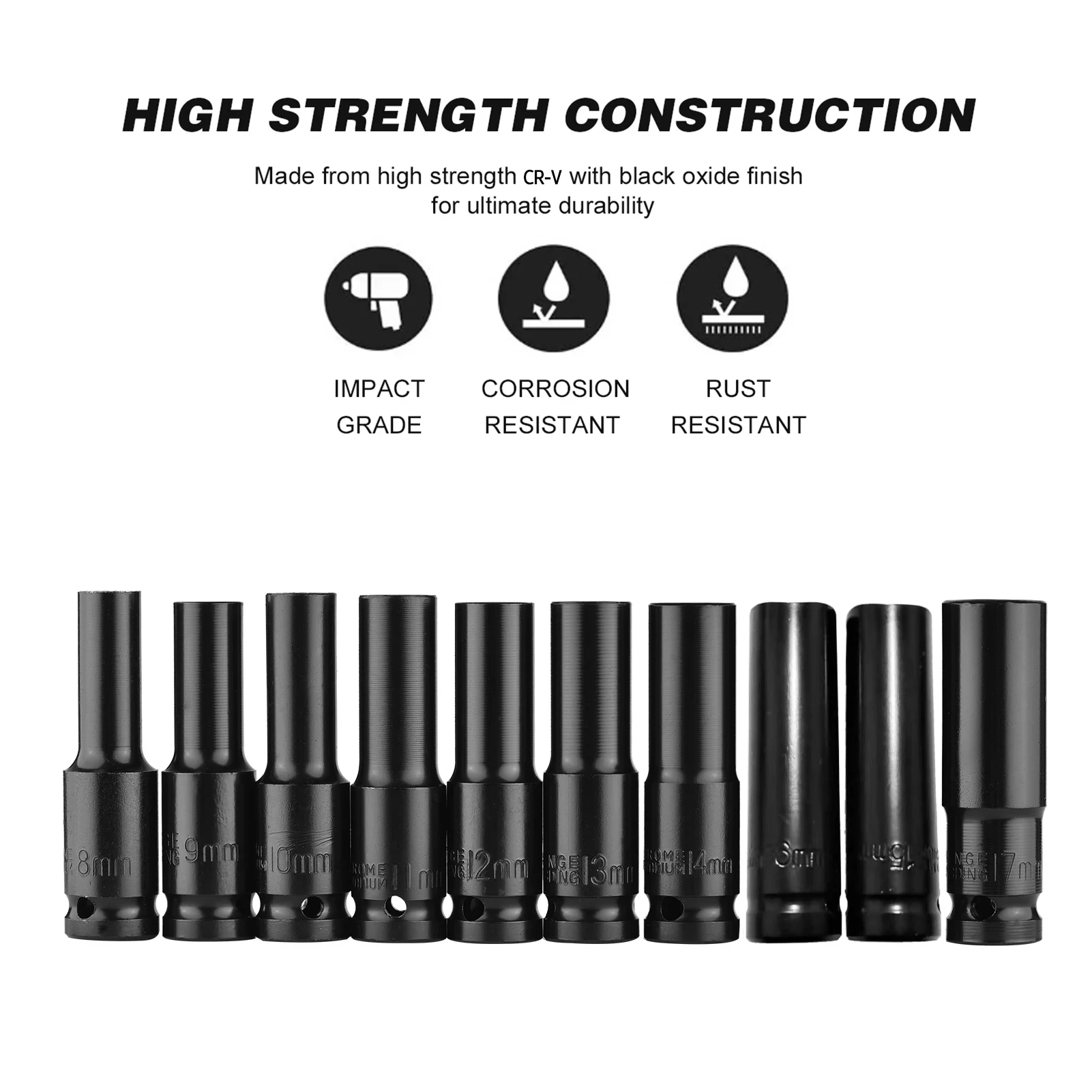 B50 10pcs 1/2 Inch 6 Point Impact Socket Head Set 8-24mm Extension Sleeve Hexagonal Hex Sockets for Electric Wrench Hand Tool