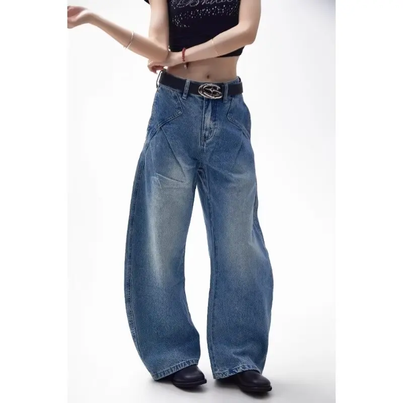 Blue Womens Jeans High Waist Vintage Design Hip Hop Straight Baggy Denim Pants Street Y2K American Style Wide Leg Denim Trouser