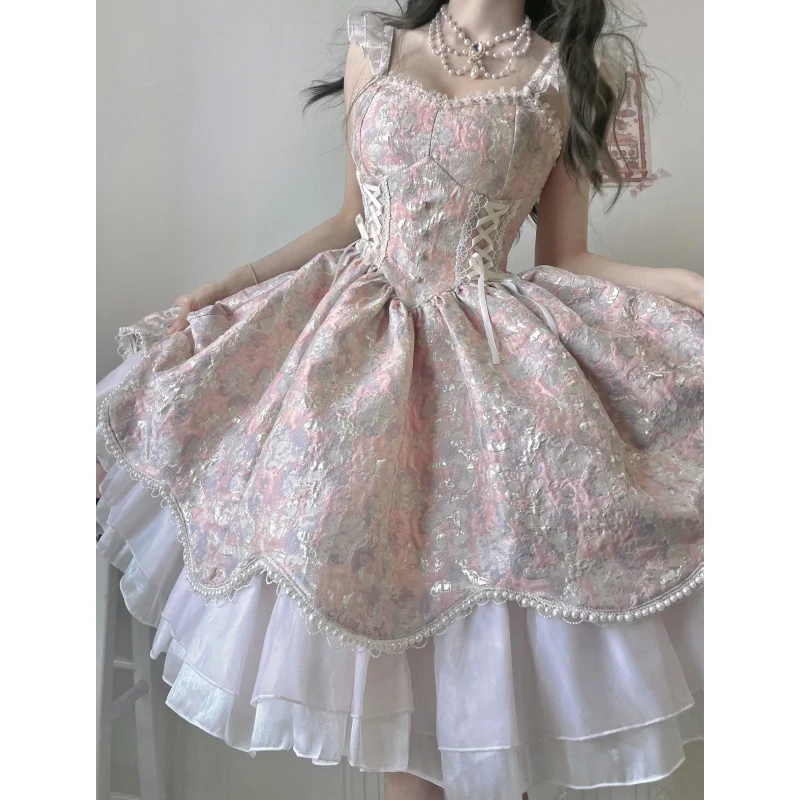 Victorian Vintage คอสเพลย์ Lolita Sweet Elegant Lace Ruffles Pearl Slim Bandage ชุดเจ้าหญิงหญิงน่ารักชุดมินิปาร์ตี้