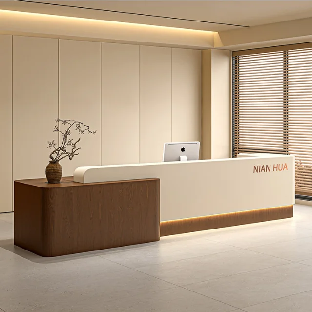 Luxury Modern Two-Tone MDF Reception Desk With LED Strip Straight Cashier Counter For Corporate Office Hotel Lobby
