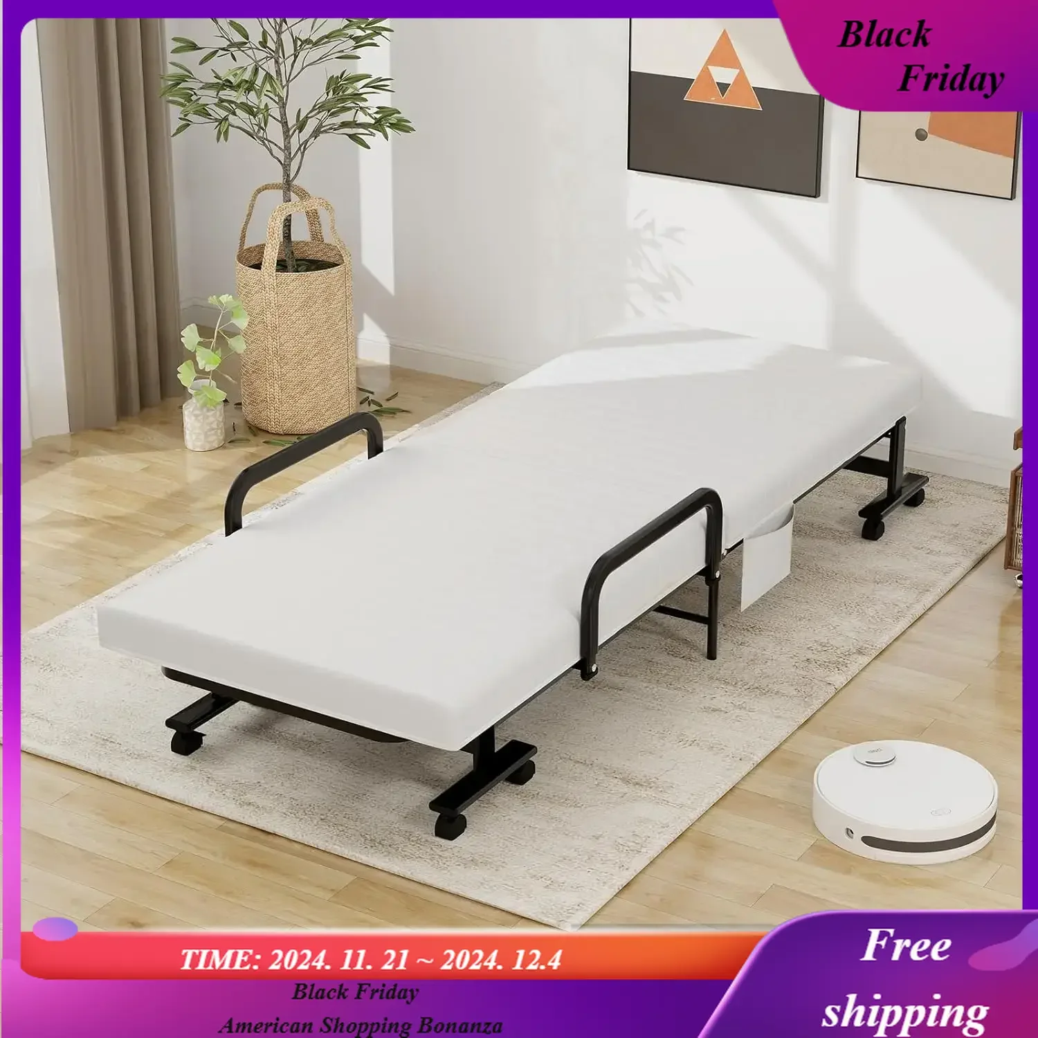 Folding Rollaway Bed with Mattress for Adults, Portable Guest Bed with 6 Positions Adjustable Backrest