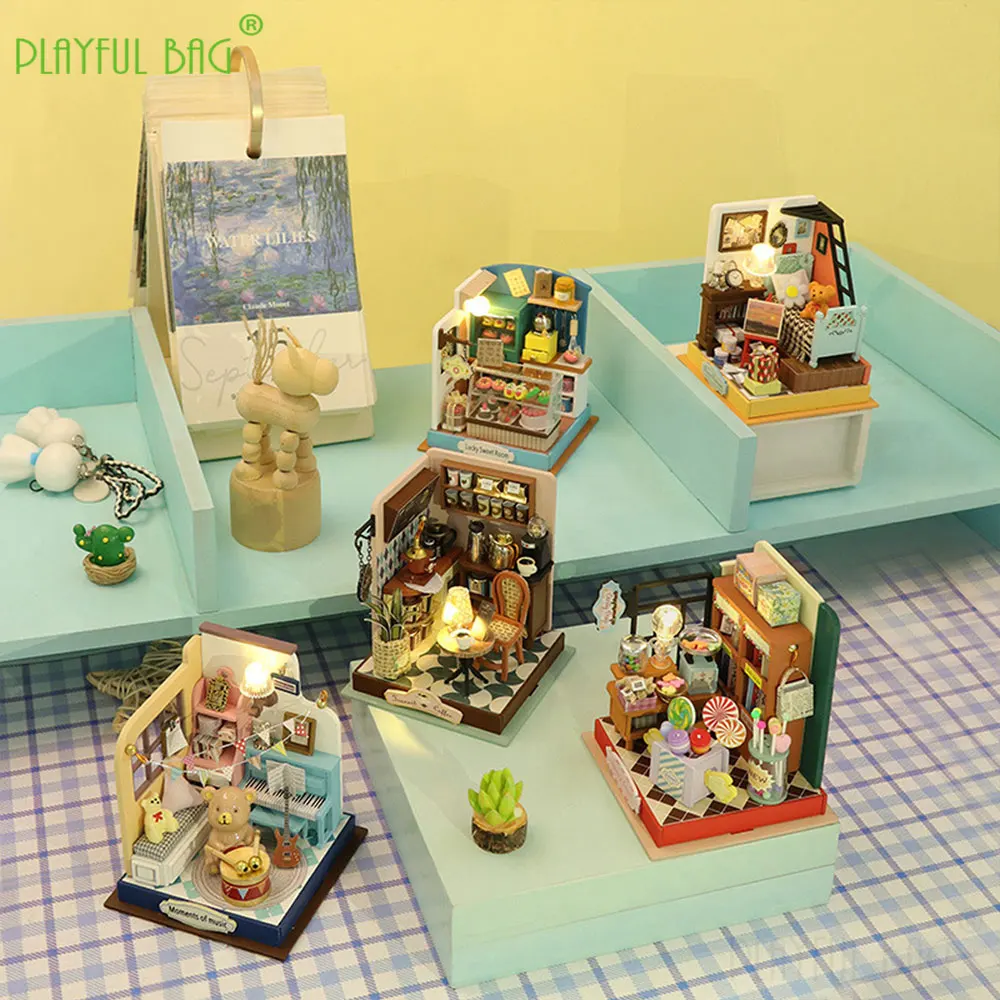 Feito à mão de madeira diy mini casa brinquedo criativo montagem presente em miniatura casa de bonecas crianças presente brinquedos casa artesanato decoração hg378