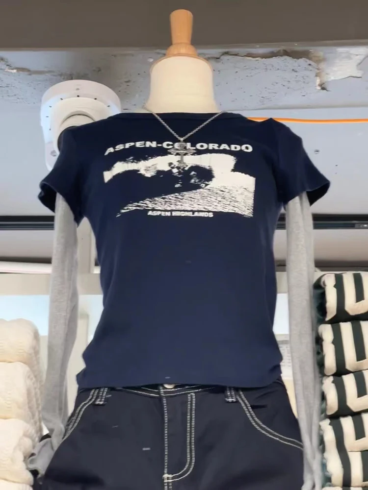 Żaglówka z grafiką bawełniane koszulka z krótkim rękawem dla kobiet z okrągłym dekoltem w stylu Streetwear wąskie koszulki damskie w stylu Vintage