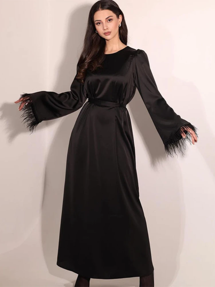 Eid Muslim Party Dress for Women Satin Feather Jalabiya Abaya Ramadan Long Dresses Abayas Woman Robe Lace-up Vestidos Largo 2024