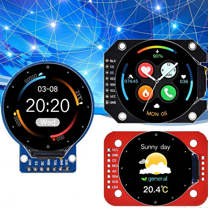1.28 Inch Round TFT LCD Screen 240×240 High Resolution IPS Full View Angle Blue Red Black SPI Interface LCD Display for Arduino