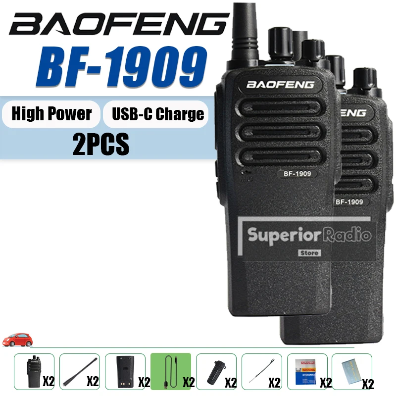 2PCS BaoFeng BF-1909 Walkie Talkie UHF 400-470mhz Crystal Clear Sound Long Range Communication USB-C Transmitter Portable Radio