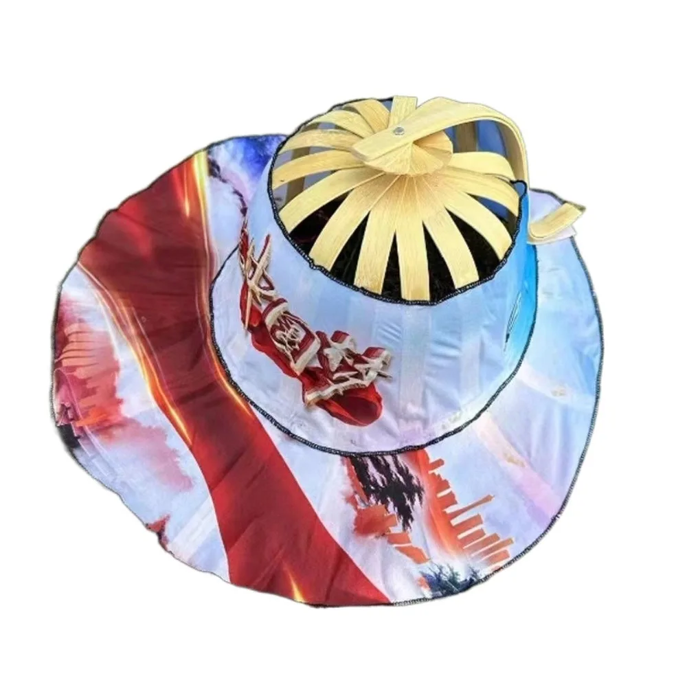 

Portable Wide Brim Folding Fan Hat Floral Printed UV Protection Fan Sun Hats Chinese Style Foldable Bamboo Sunscreen Cap Beach
