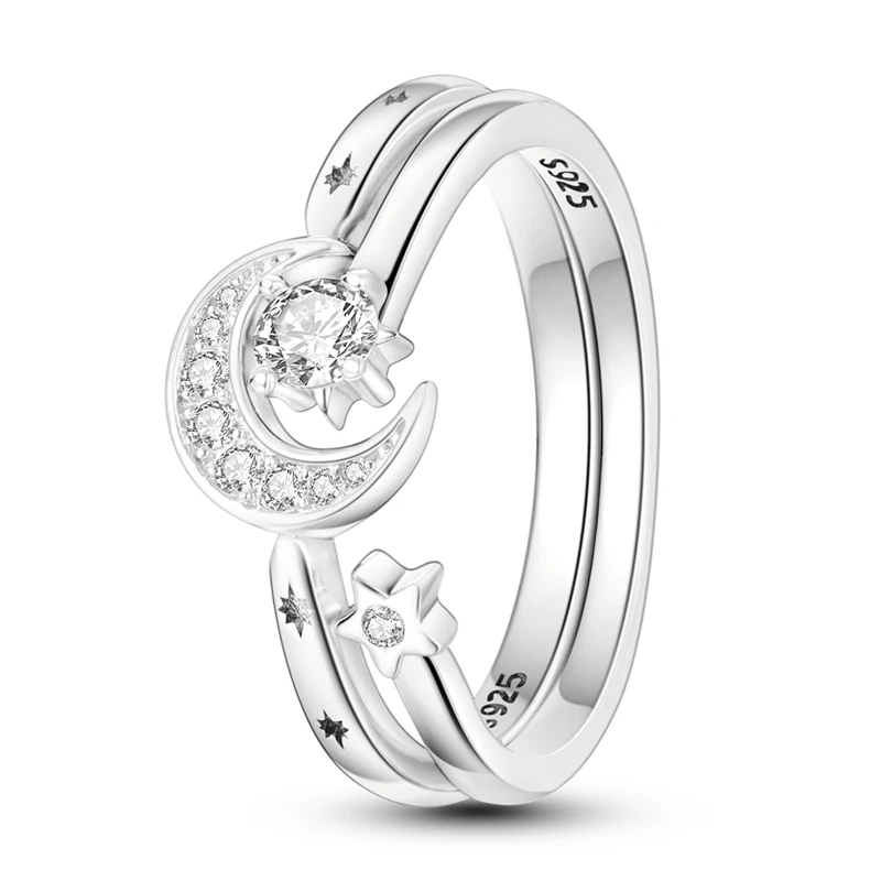 Original 925 Sterling Silver Double Layer Stars Moon Ring For Women Girls Jewelry Birthday Anniversary Gifts
