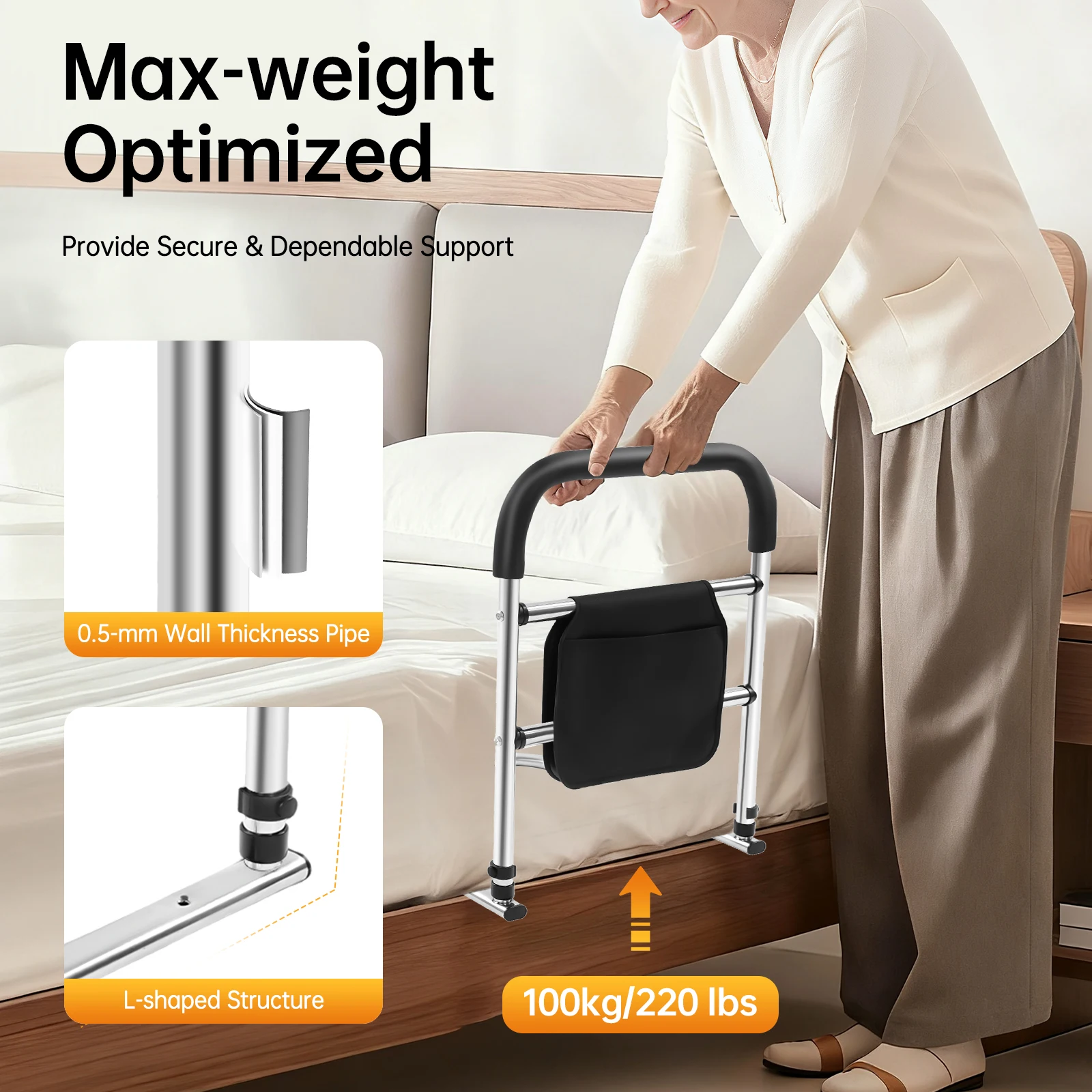 Bed Rail w/ Anti-Slip Foam Grip, Adjustable Bedside Safety Rail, Heavy-Duty Carbon Steel Hospital Bed Handle