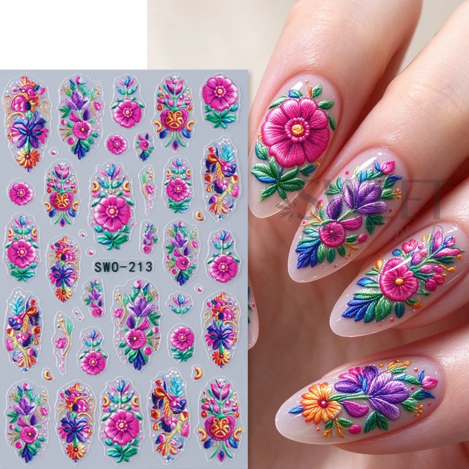 2pcs Embossed Nail Stickers Colorful Embroidery Floral Nail Decals Vintage Rose Flower for Manicure DIY Nail Decoration Supplies