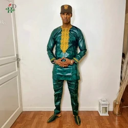 H & D abbigliamento africano per uomo tradizione abbigliamento Riche Bazin ricamato 2 pezzi Set camicia pantaloni Bazin abito verde festa di nozze