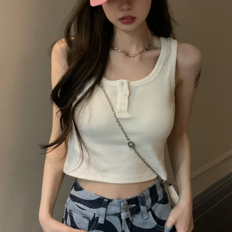 Harajuku Tanks Women Sweet Button Simple Kawaii Schoolgirls Inner Crop Tops Young Summer Leisure Cozy Sexy Ulzzang Sleeveless