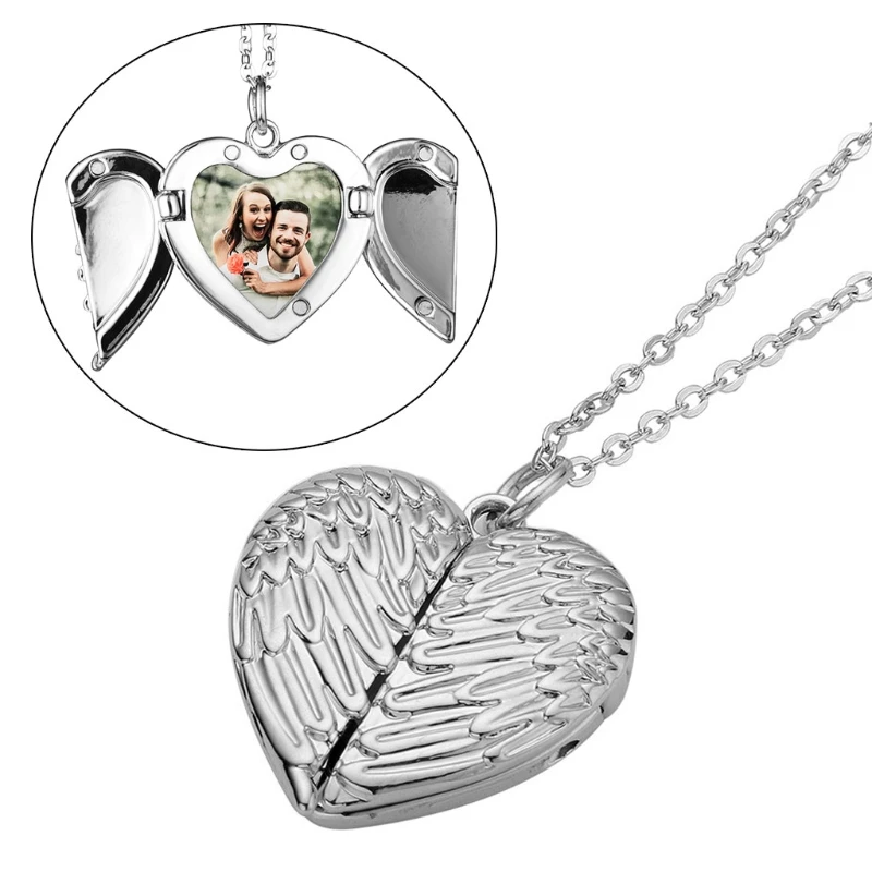 Heart Sublimation Angel Wing Heart Necklaces Blank Hot Transfer Printing Lockable Photo Pendant Jewelry Gifts for Women