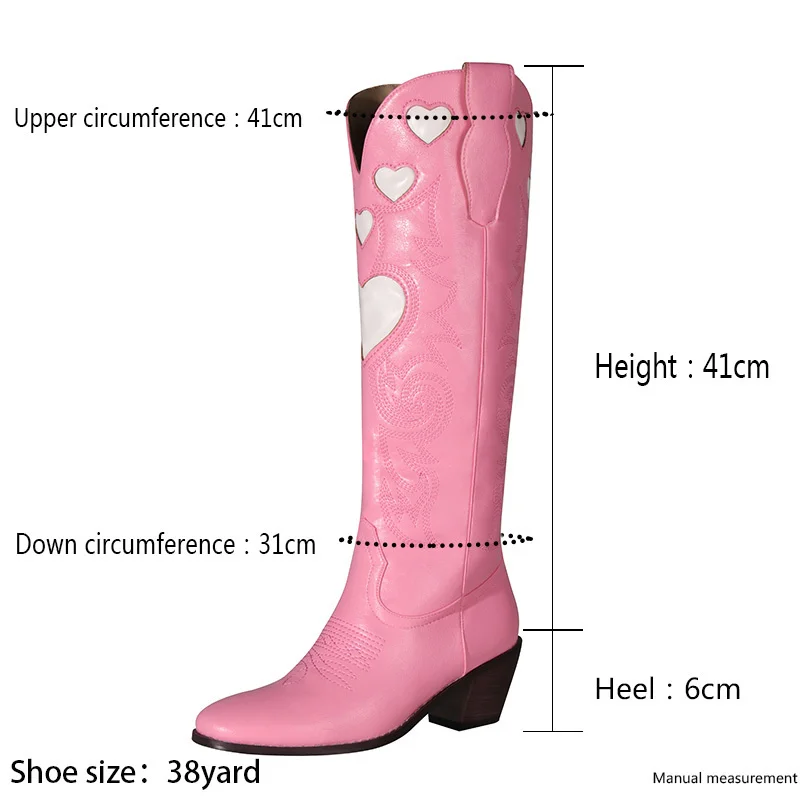Fashion Pink Cowgirl Boots For Women Love Heart Western Cowboy Boots Pointed Toe Slip-On Chunky Heels Female Knee High Boots