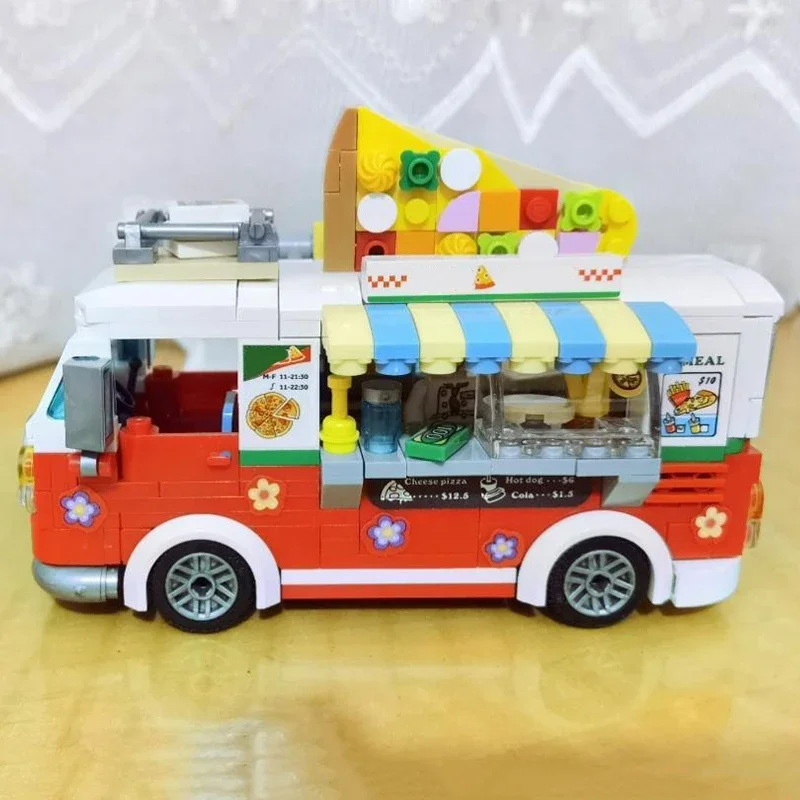 Mini Pizza Car Building Block Set DIY Creative Car Sales Store Model Assembled Ornaments for Adults and Children Toy Gifts