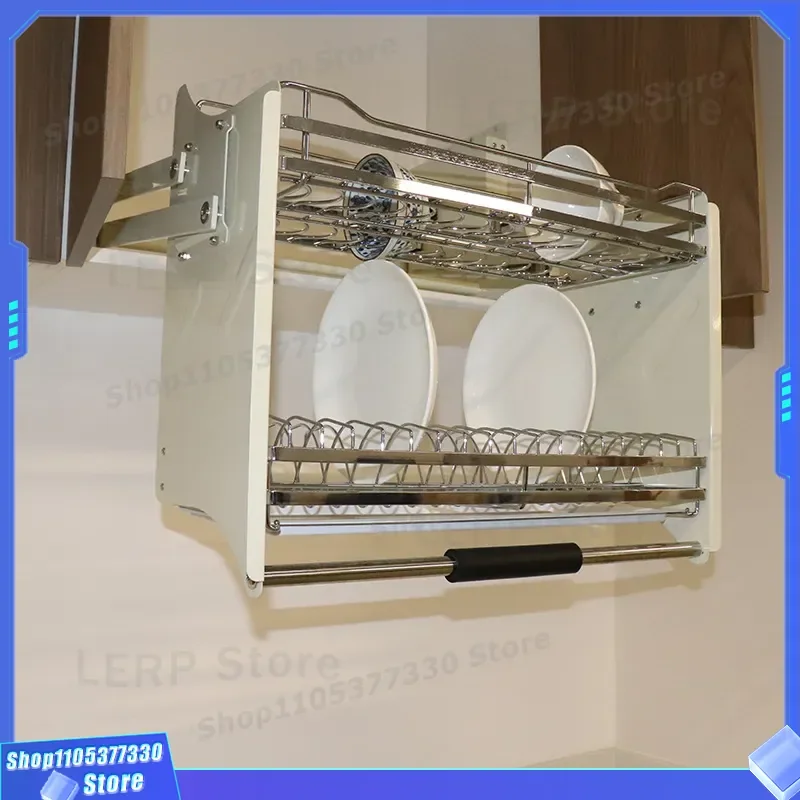 Stainless Steel Kitchen Cabinet Pull Down Dish Rack Hanging Storage Basket Lift Up Drain Bowl Organizer Space Saving Sink