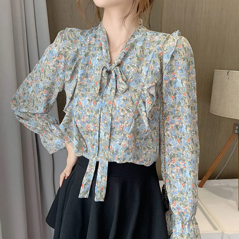 Autumn New Prairie Chic Aesthetic Shirt Women Sweet Natural Scenery Drawstring Round Collar Long Sleeve Ruffles All Match Top