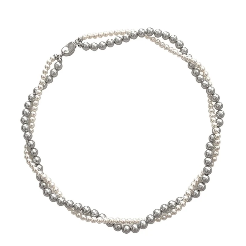 

Silver gray pure white strong light pearl double-layer necklace design sense mixed color winding collarbone chain