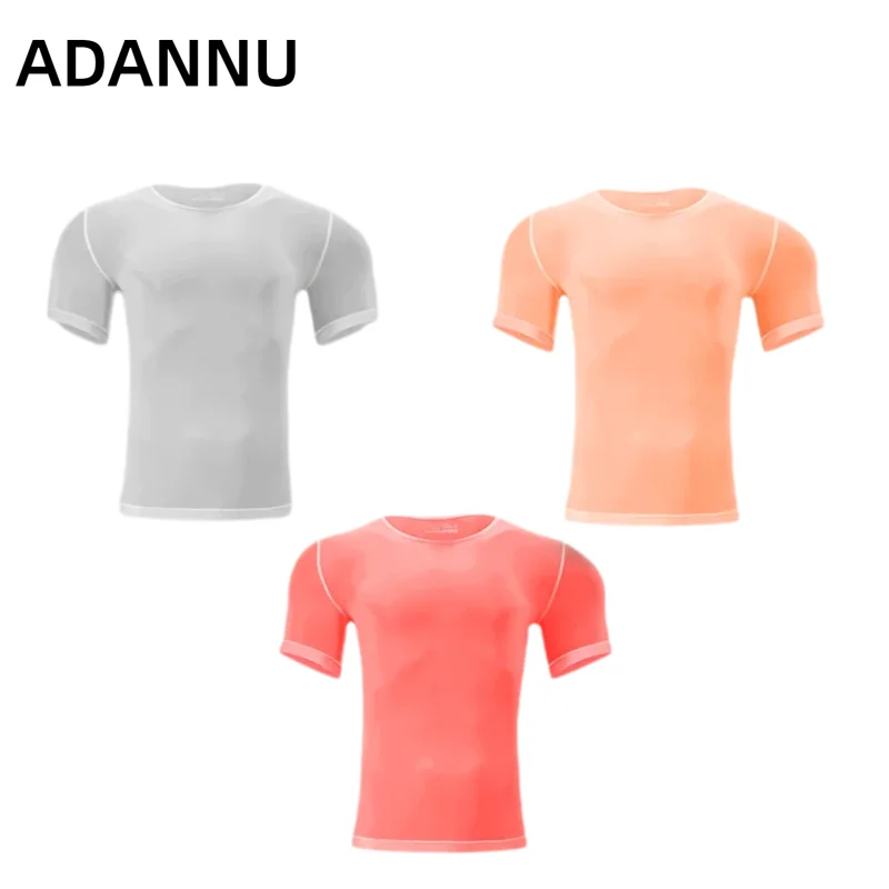 ADANNU Men's Sexy Sheer T Shirt Nylon Ultra Thin Stretch Breathable Quick Dry Summer Sport Short Sleeve Tee