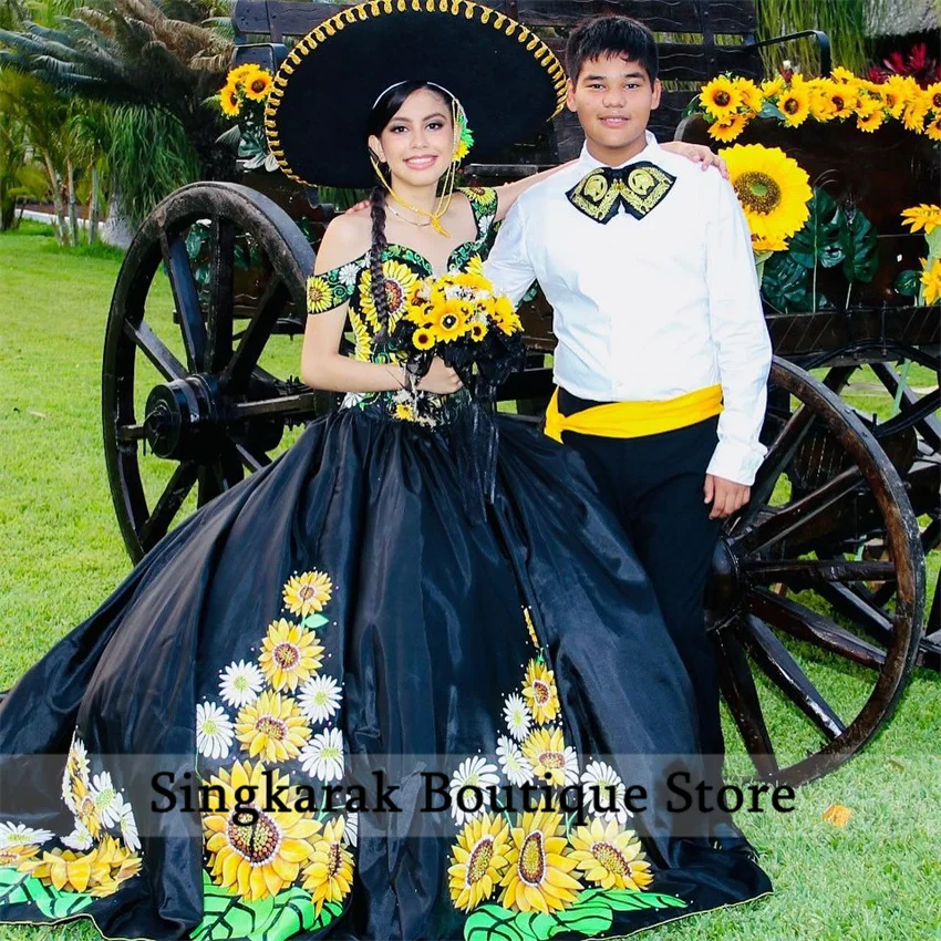 Exquisite Sunflowers Embroidery Ball Gown Quinceanera Dresses Bow Beads Mexican Sweet 16 Dresses Vestidos De 15 Años