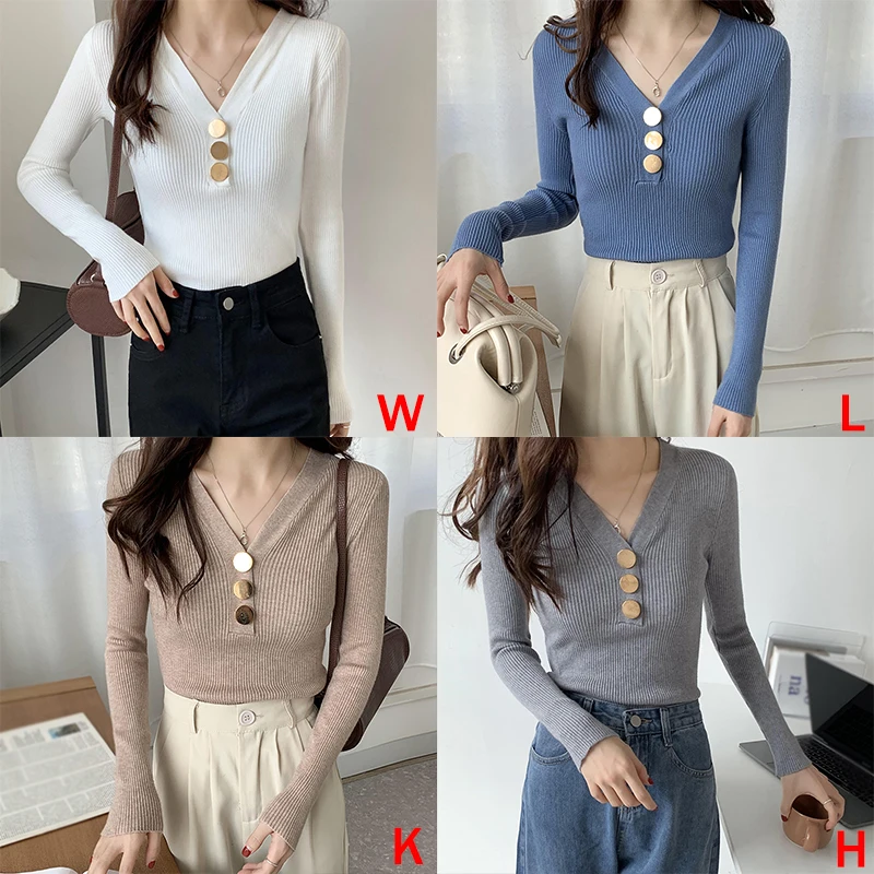 V-Neck Thin Base Sweater With Metal Buttons Slim Fit And Fashionable Ladies Style Knitted Top Commuting Sweater