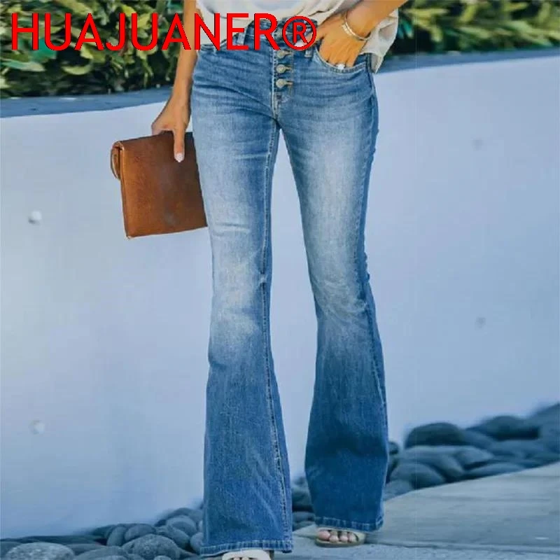 Women Denim Jeans Spliced High Waist Solid Color Flare Pants Single Breasted Button Pockets Zipper Fly Streetwear Spring