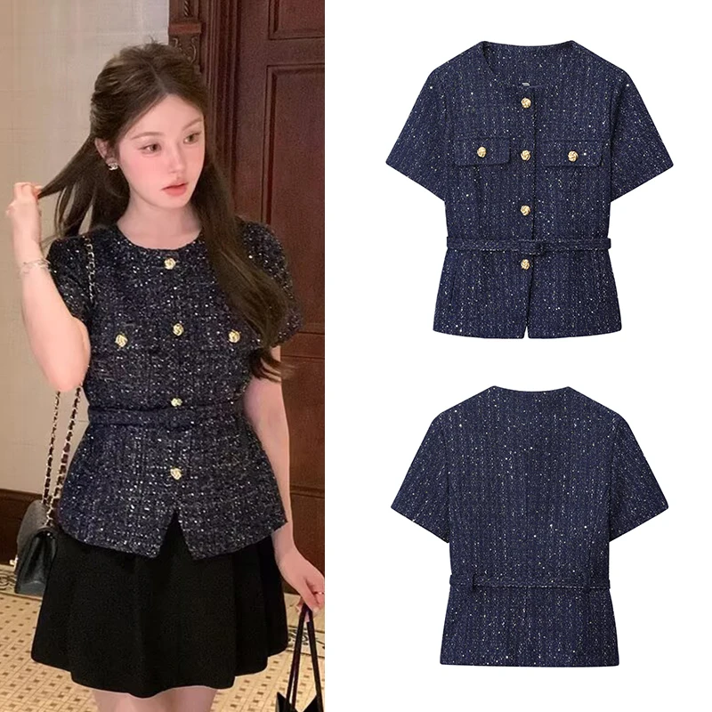 

2025 New Womens Short Sleeved Top Cinched Waist Ties Gold Toned Buttons Unique Texture Trafizaran Summer Casual Chic Wear