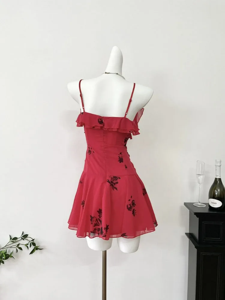 Fashion Sexy Romantic Print Ruched A-line Dress Women Slim Sleeveless Spaghetti Strap Dress Summer 2000s Sweet One-Piece Frocks