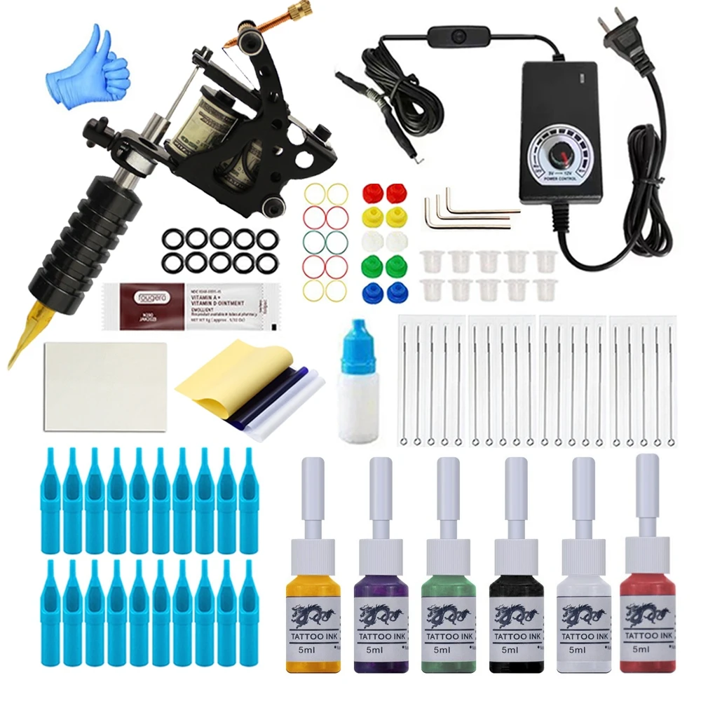 Multi-colors five hole tattoo machine kit includes 20 disposable tattoo needles 20 needle tips 6-color tattoo inks Coil machine