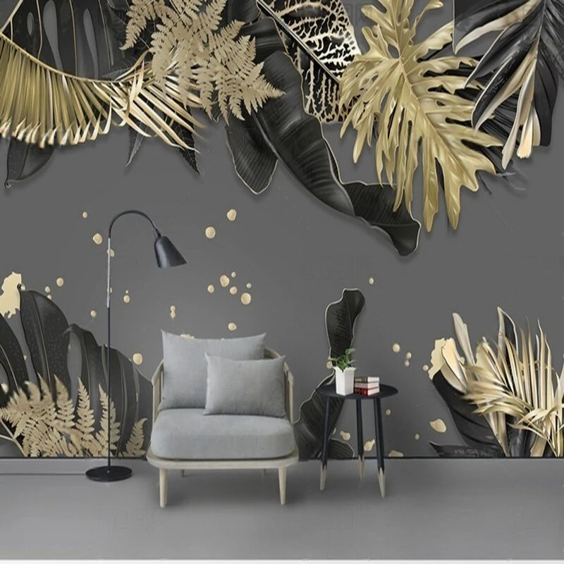 

Modern and simple golden leaf hand-painted plant TV luxurious home bedroom background wall