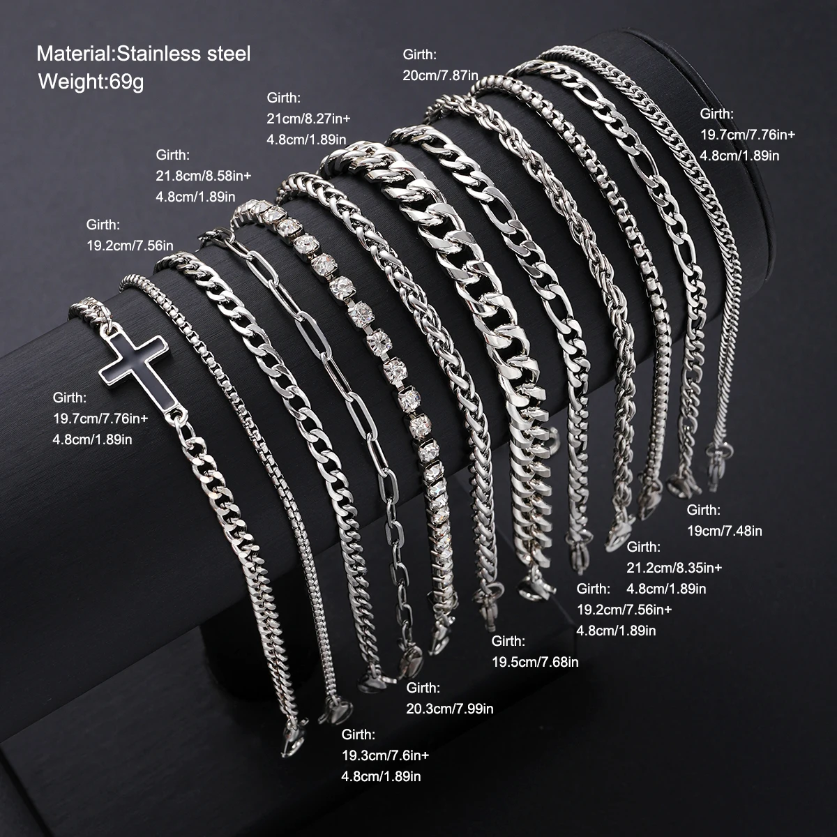 بسيطة أنيقة الشرير الهيب هوب الفولاذ المقاوم للصدأ الصليب الراين سلسلة سوار مجموعة للرجال النساء عطلة تاريخ هدية مجوهرات عادية