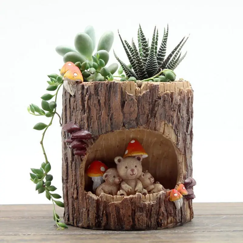 Cute Succulent Pots Pot Animal Planter Plants with Drainage Hole Tree Stump Pen Holder Garden Home Desktop Decoration