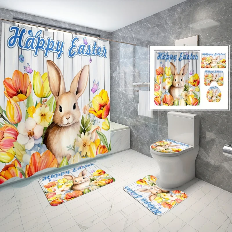 4pcs Cute Rabbit Easter Pattern Shower Curtain Set, Waterproof Shower Curtain With 12 Hooks, Non-Slip Bath Rug, U-Shape Mat, Toi