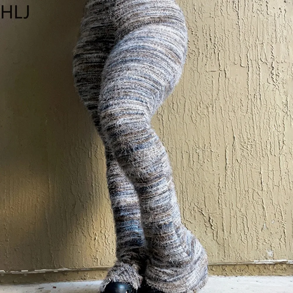 HLJ Colorful Striped Fashion Fur Stacked Pants Women Elastic High Waist Skinny Trousers Autumn New Female Ruched Bottoms 2024