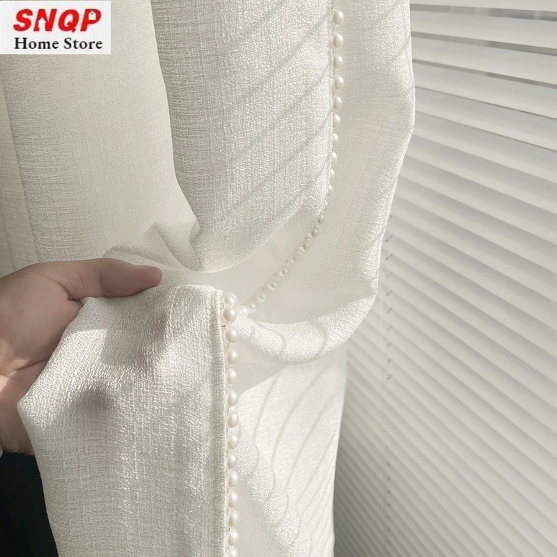 French High-end White Gauze Pearl Edge Cotton Linen Grace Light Luxury Decor Curtains for Living Room Bedroom Dining Customiz