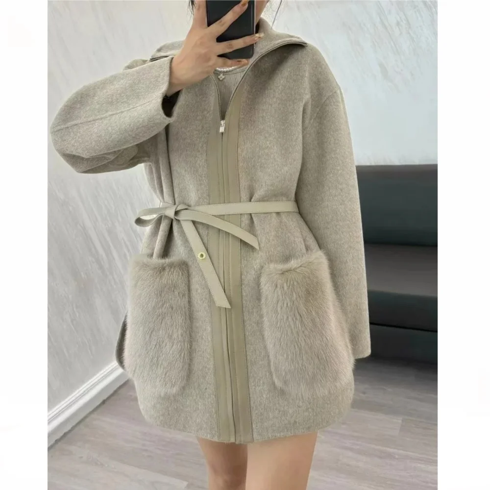 Double sided cashmere waistband jacket imported mink pocket temperament fur jacket high-quality L * P women's clothing