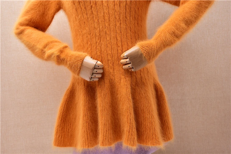 Ladies Women Fashion Autumn Winter Clothing Hairy Angora Rabbit Hair Knitted Long Sleeves Jersey Slim Blouses Sweater Skirt Pull