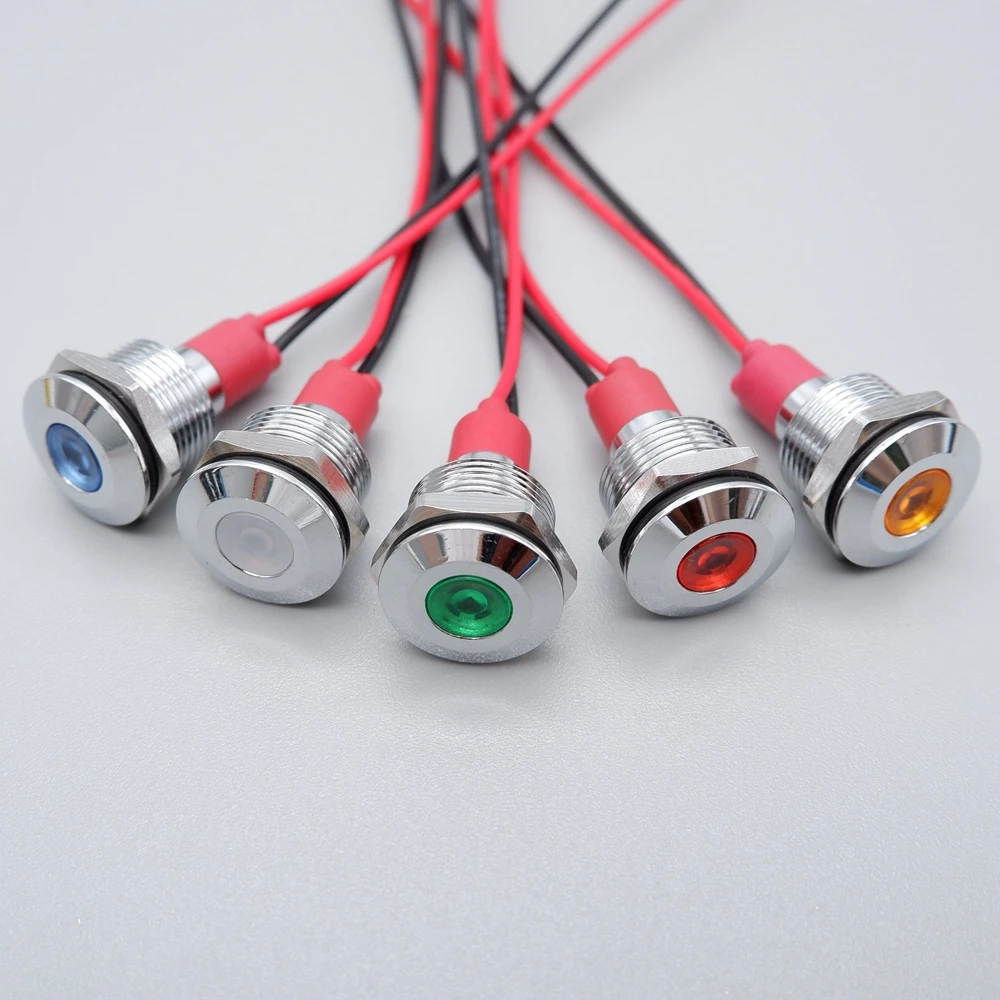 12mm Metal Power Indicator LED Signal Light Mini Indicator Light With Wire 3v 6v 12v 24v 110v 220v Red Blue Green Orange White