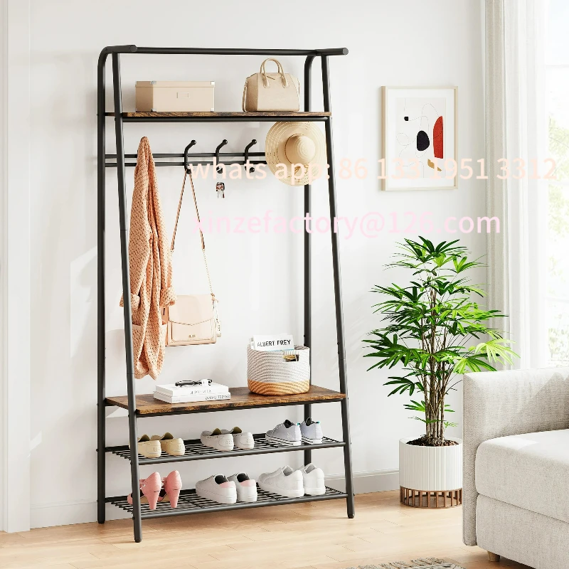 

Customizable Large Coat Rack Shoe Bench, 4-in-1 Hall Trees Entryway Bench with Coat Rack & Shoe Rack, Steel Frame Storage Shelf