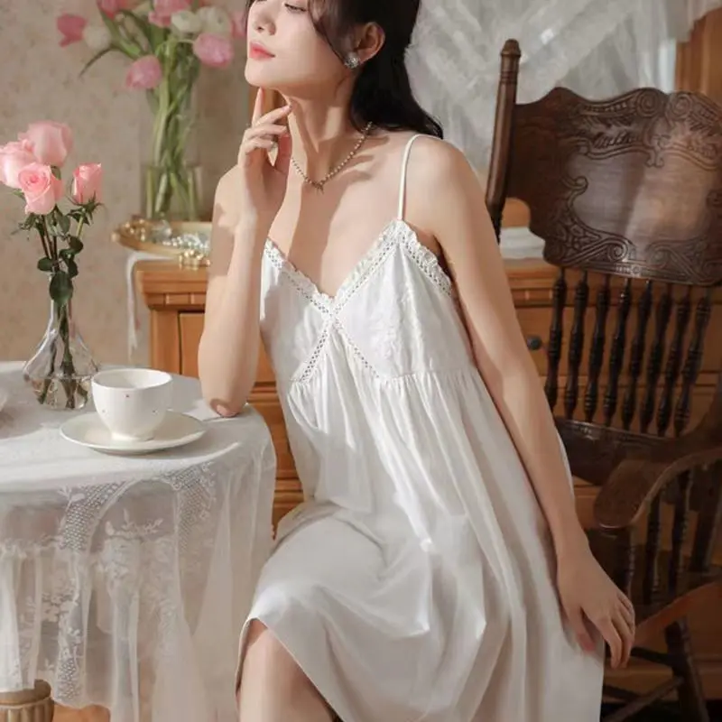 Women Summer Lace Spagehtti Strap Pajamas Female Ice Silk Solid Color Home Dress With Pad Sexy Nightgowns Plus Oversize M-3XL