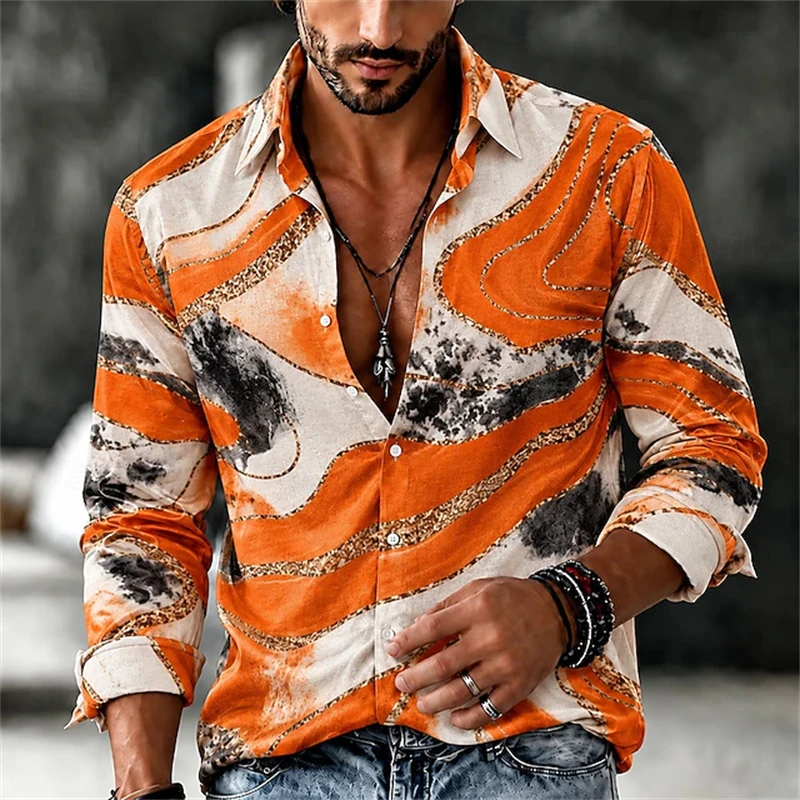 New Men's Stylish Autumn Long-Sleeve Shirt Button-Down with Gold Marble-Wave Print Collared Vintage Street-Style Casual Shirt