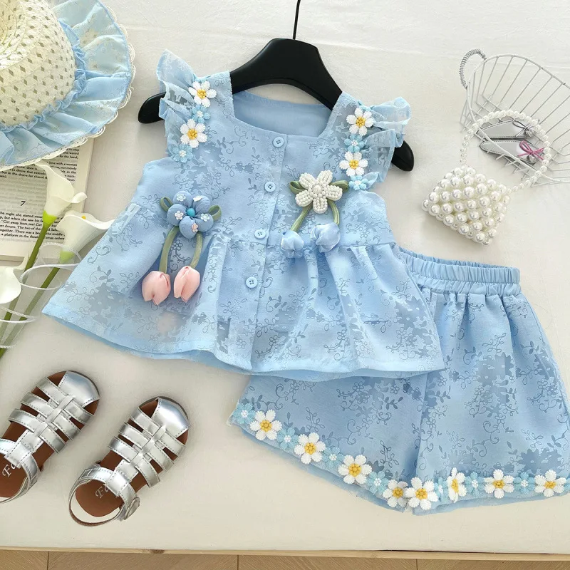 

New Children's Outfit Summer New Baby Chinese Style Hanfu Fashionable Girl Tang Suit Two-Piece Set with Hat