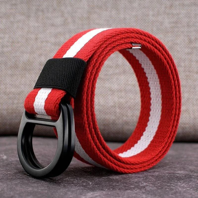 Men and Women Striped Canvas Belt, Universal Half Round Double Buckle Belts Fashion Casual Outdoor Cinturon Waistband 90-180CM
