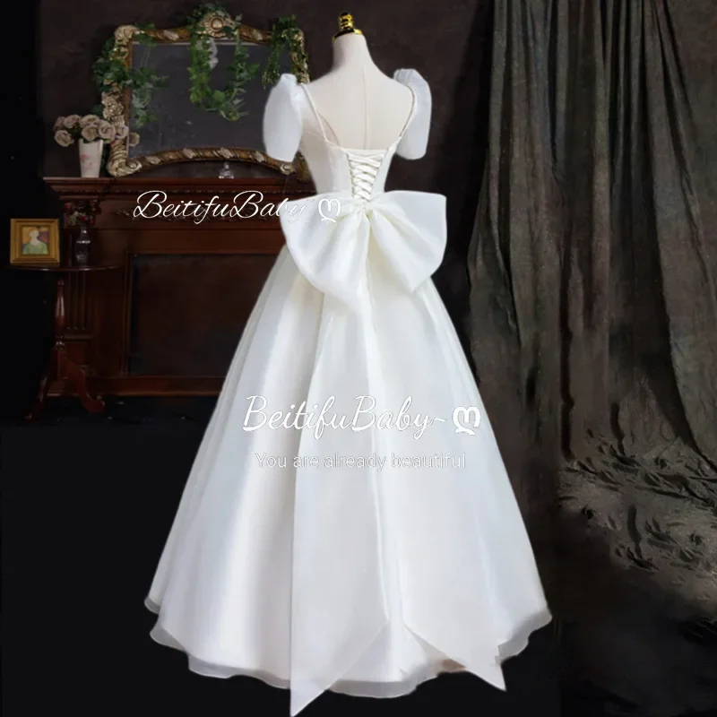 BeitifuBaby Satin Wedding Dress 2024 Simple Style Short-sleeved Square Neck Bow Decoration Lace-up Evening Gown Vestido De Novia