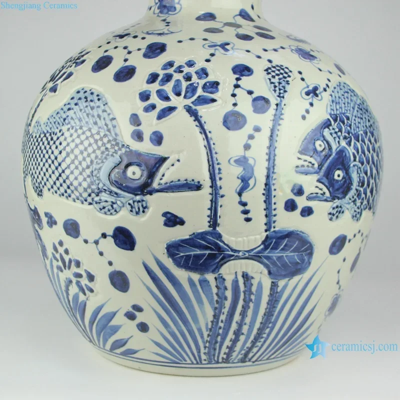 RZMA23 Antique blue and white Porcelain Fish Lines and patterns Ceramic  globular vase  Celestial bottle