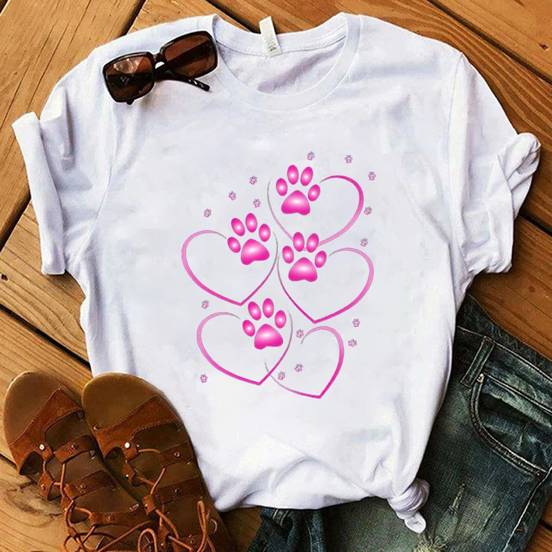 Fashion Dog Paw Heart Print T-Shirt Casual Short Sleeve Graphic Tee Shirt Unisex Loose Harajuku T Shirt Tops