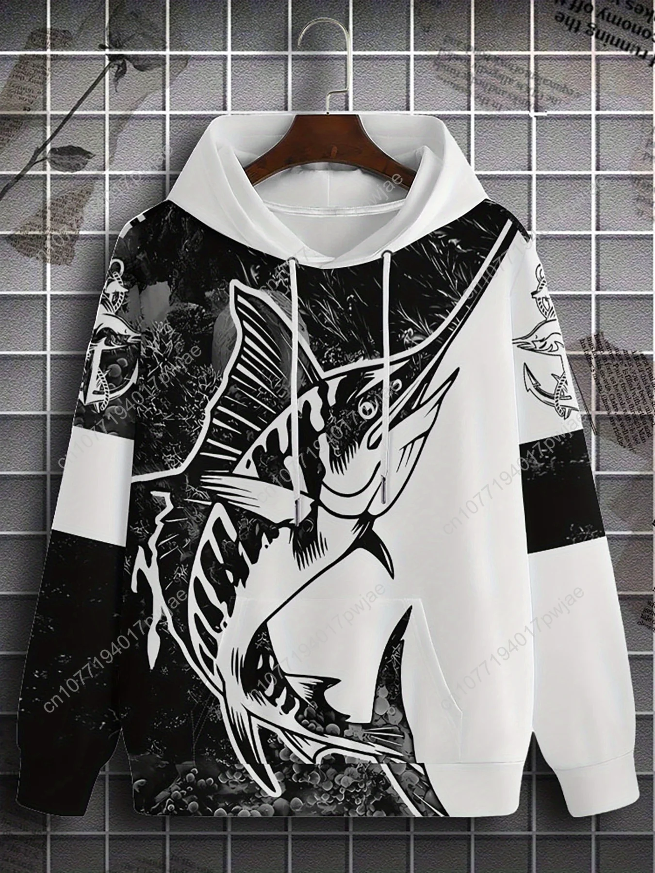 Men's Full-Body 3D Fish Print Hooded Sweatshirt - All-Over Fishing Theme with Pike & Trout Patterns, Long Sleeve Casual Jacket f