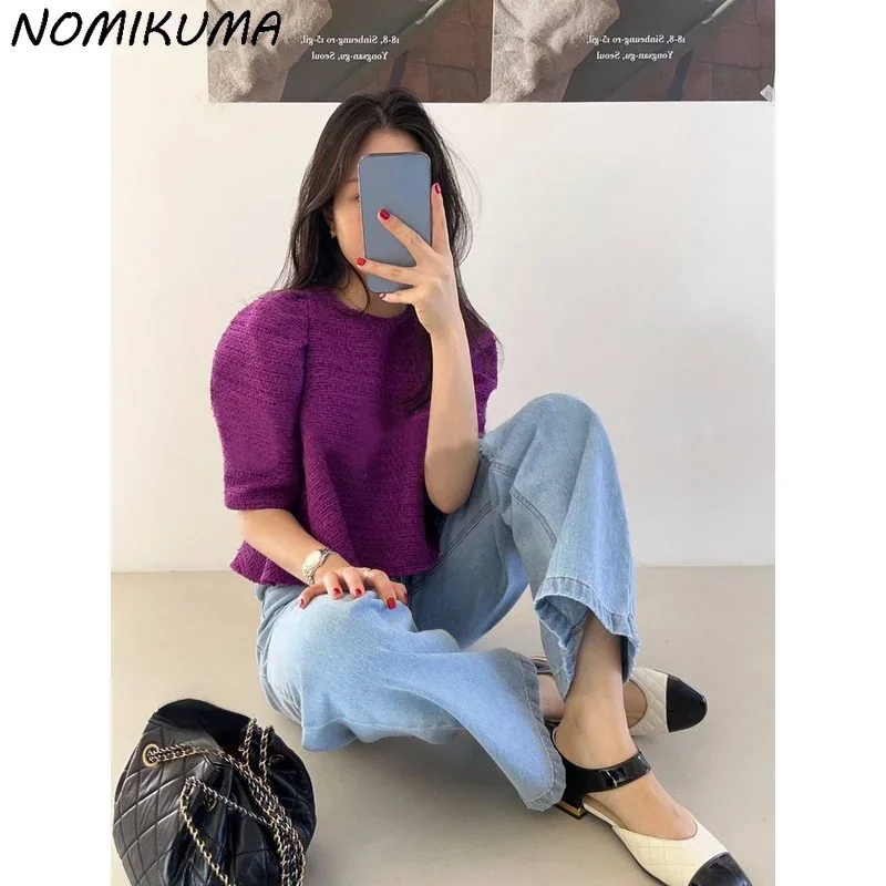 Nomikuma Womens Tops Chic Sweet Puff Sleeve Doll Shirt Causal Solid Korean Blouses Summer 2023 New Blusas Camisas De Mujer