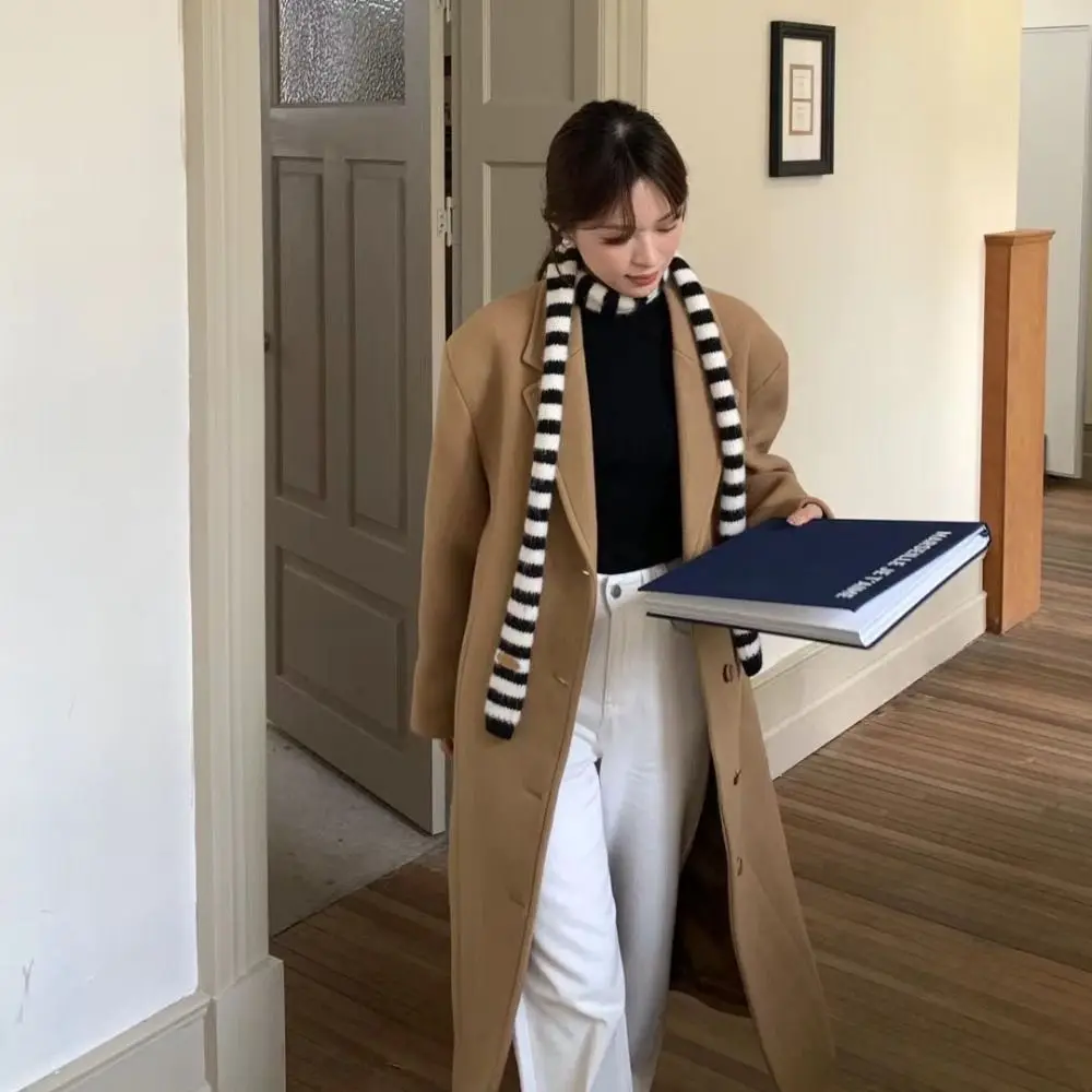 

Модные черные, серые полосатые женские длинные шарфы, вязаный тонкий декоративный шейный платок, хлопковый теплый тонкий шарф на шею, модная уличная одежда