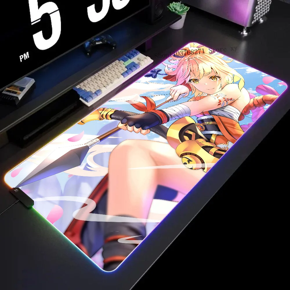 Yoimiya Genshin Impact Anime Girl Mousepad XXL RGB Gaming Mouse Pads HD Black Gamer Accessories Large LED